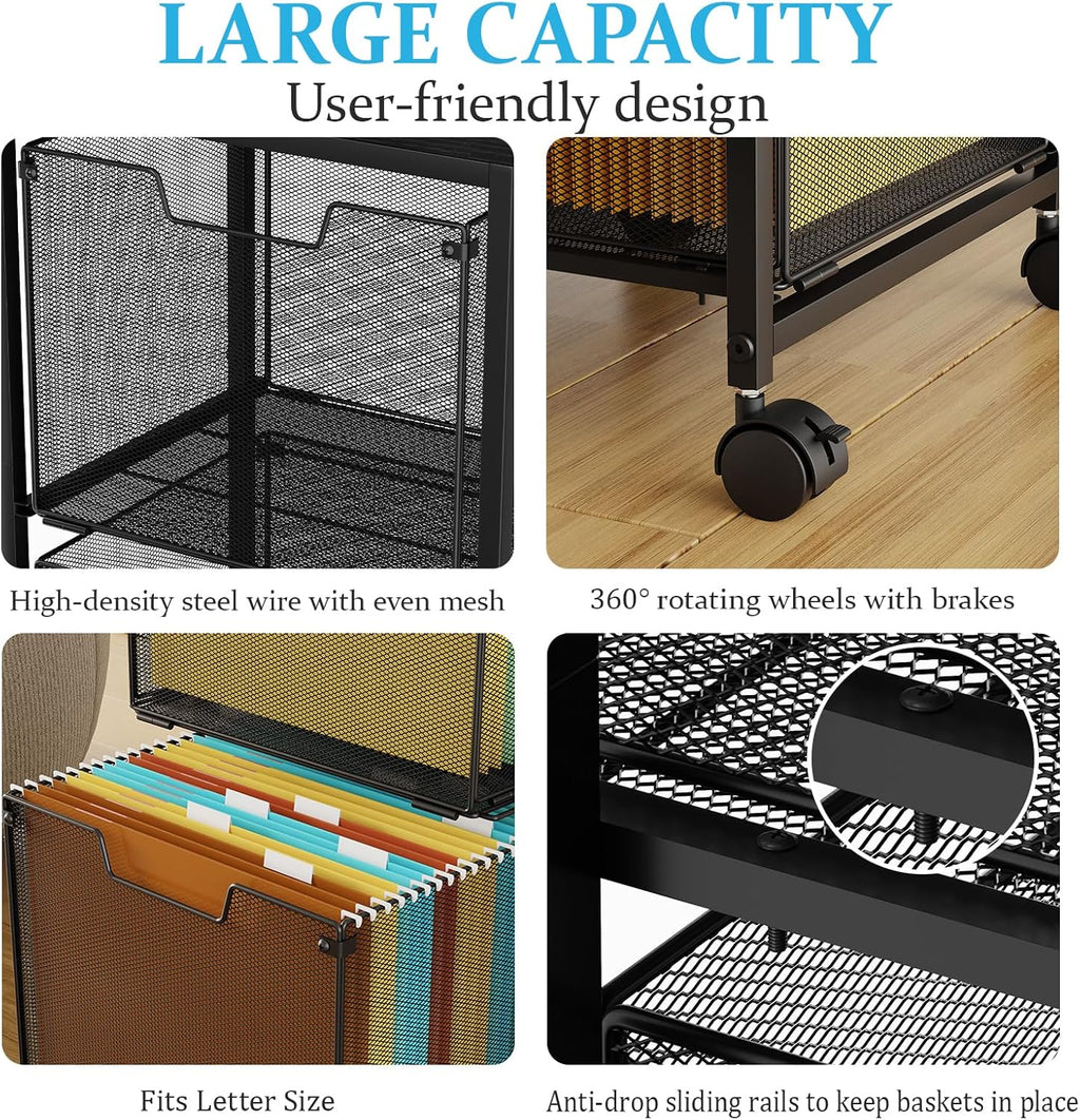 Rolling File Cart with 2 Storage Drawers, File Cabinet with Wheels, Hanging File Folder Organizer, Under Desk Storage, Printer Stand Utility Cart Filing Cabinet for Home Office,Black