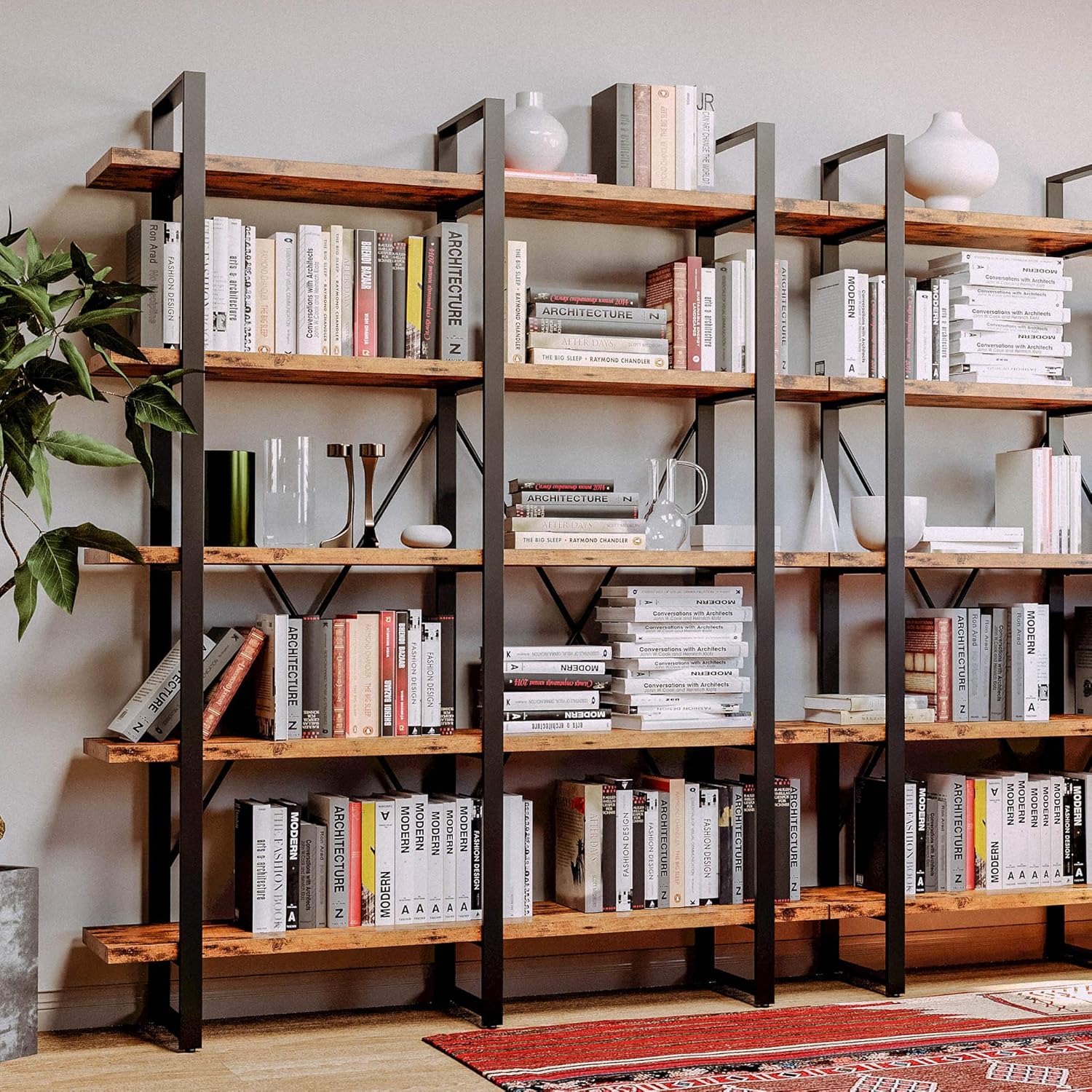 IRONCK Industrial Bookshelf and Bookcase Double Wide 5 Tier, Large Open Shelves, Wood and Metal Bookshelves for Home Office Furniture, Easy Assembly | Bookcase, Large, Open Shelves, Bookshelves, Easy Assembly