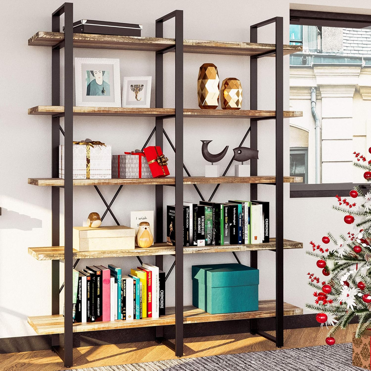 IRONCK Industrial Bookshelf and Bookcase Double Wide 5 Tier, Large Open Shelves, Wood and Metal Bookshelves for Home Office Furniture, Easy Assembly | Bookcase, Large, Open Shelves, Bookshelves, Easy Assembly