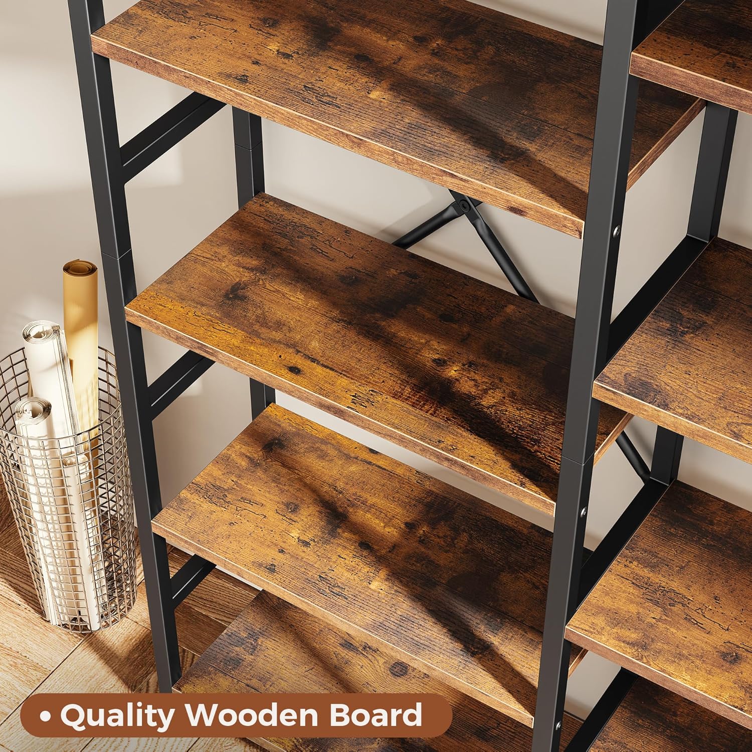 SUPERJARE Triple 5 Tier Bookshelf, Bookcase with 14 Open Display Shelves, Wide Book Shelf Book Case for Home & Office, Rustic Brown